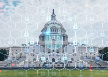 Capitol dome building exterior, Washington DC, USA. Home of Congress and Capitol Hill. American political system. The concept of cybersecurity to protect confidential information, padlock hologram