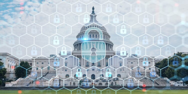 Capitol dome building exterior, Washington DC, USA. Home of Congress and Capitol Hill. American political system. The concept of cybersecurity to protect confidential information, padlock hologram