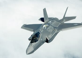 An F-35 Lightning II fighter jet in flight.