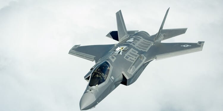 An F-35 Lightning II fighter jet in flight.