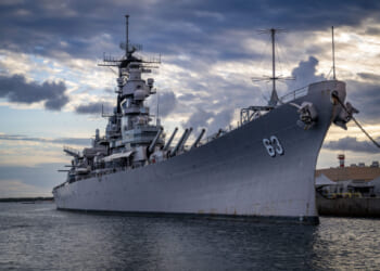 Battleship Missouri Memorial seen from the waterside in Pearl Harbor, Hawaii, April 17, 2025.
