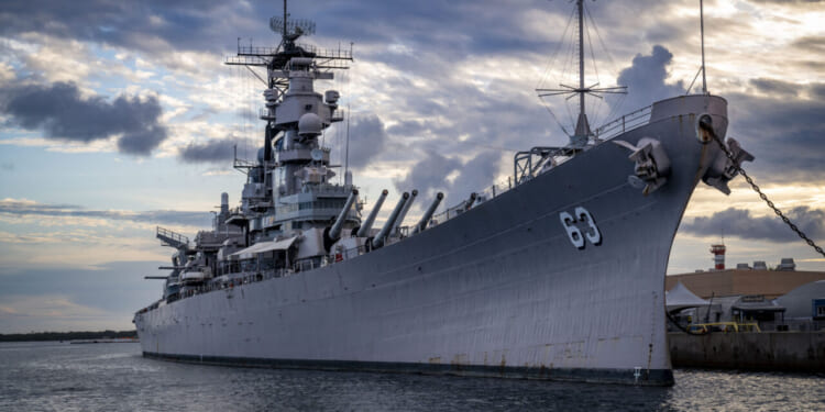 Battleship Missouri Memorial seen from the waterside in Pearl Harbor, Hawaii, April 17, 2025.