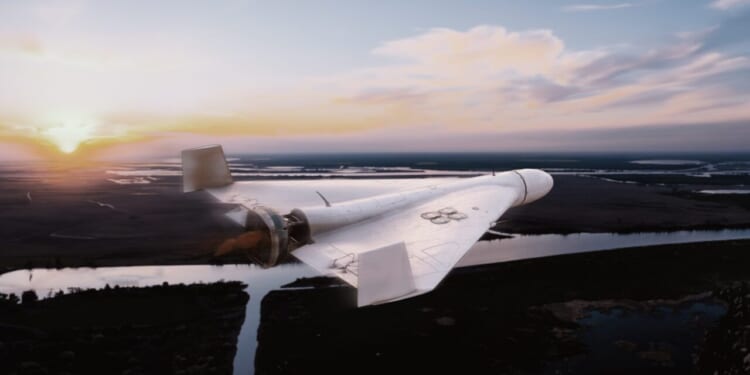 Russian military combat drone Shahed 131 flies over a forest, in Kherson river "Dnipro" Ukraine.