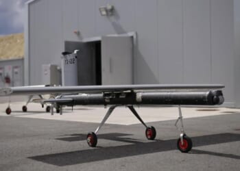 Turkish made kamikaze drone YIHA-III at the Kuçovë Air Base in Albania.