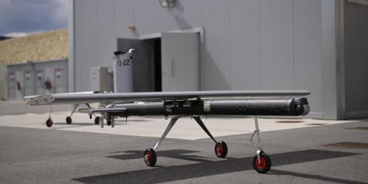 Turkish made kamikaze drone YIHA-III at the Kuçovë Air Base in Albania.