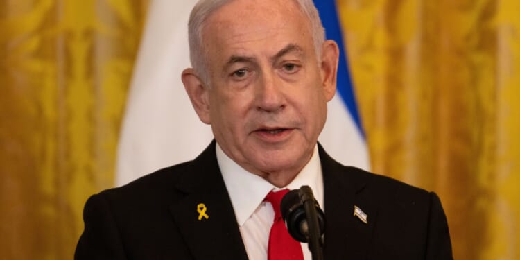 Benjamin Netanyahu, prime minister of Israel, addresses press conference at the White House.