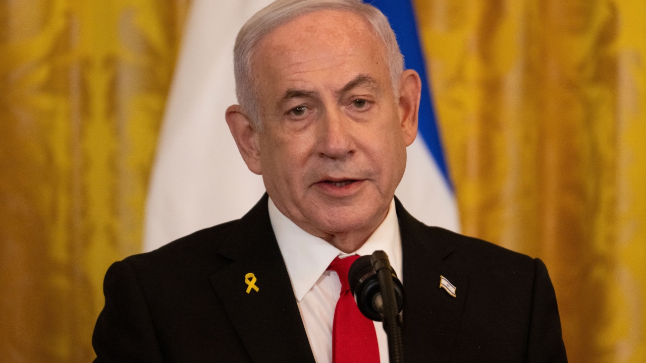 Benjamin Netanyahu, prime minister of Israel, addresses press conference at the White House.