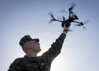 U.S. Marine Corps Lance Cpl. Zachary Voorhees, a small unmanned aircraft system operator with 2nd Battalion, 7th Marines, forward deployed under 4th Marine Regiment, 3rd Marine Division, operates a Skydio X2D during a small unmanned aerial systems training (sUAS) on Camp Hansen, Okinawa, Japan, Nov. 6, 2025.
