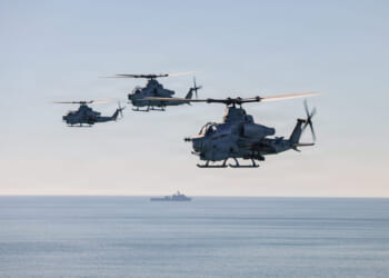U.S. Marine Corps AH-1Z Vipers with Marine Light Helicopter Squadron 267, 3rd Marine Aircraft Wing, conduct flight operations in support of the Marine Corps 250th Birthday Amphibious Capabilities Demonstration at Marine Corps Base Camp Pendleton, California, Oct. 18, 2025.