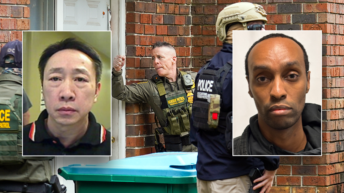 Greg Bovino in the center of two insets of illegal immigrant mugshots