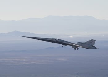 A NASA X-59 in flight.