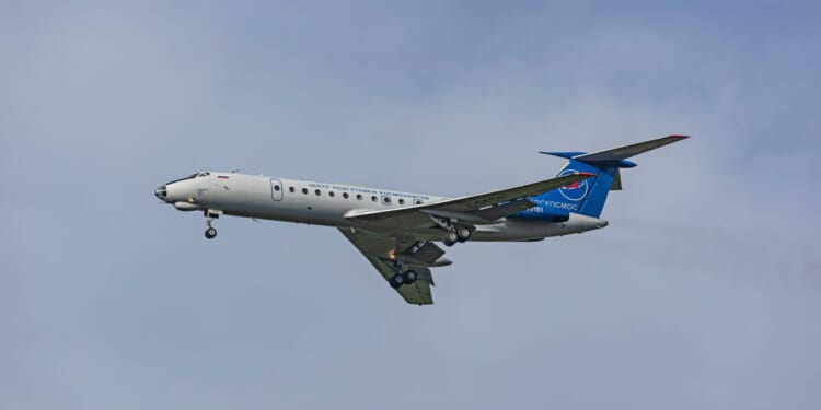 A Tupolev TU 134a flies through the air.