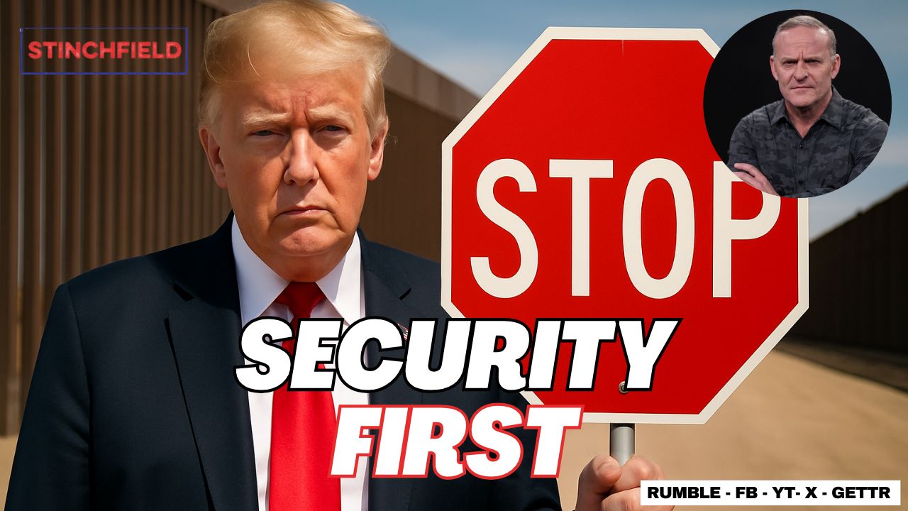 Former President Donald Trump stands in front of a stop sign, emphasizing the message "Security First" in a serious tone.