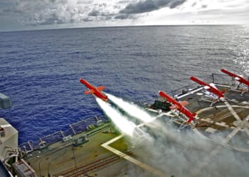 A BQM-74E drone launches from the flight deck of the Arleigh Burke-class guided-missile destroyer USS Lassen during a missile exercise to provide defense training for U.S. Marine Corps F/A-18 pilots.