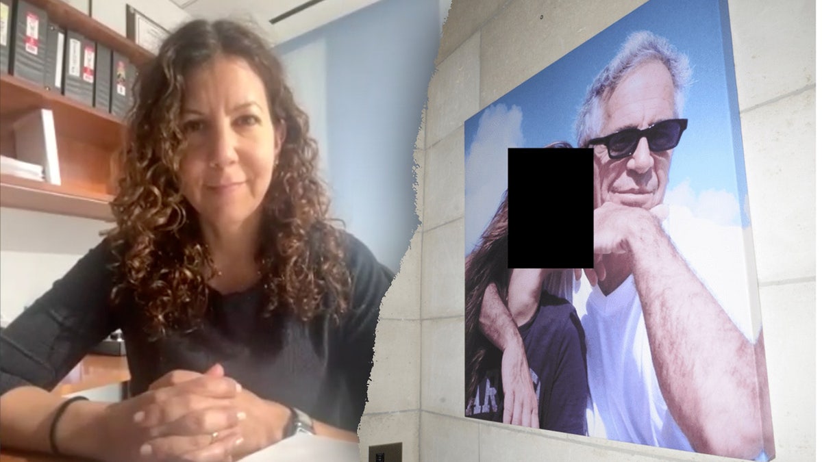 Sarah Krissoff and a wall-mounted picture of Jeffrey Epstein