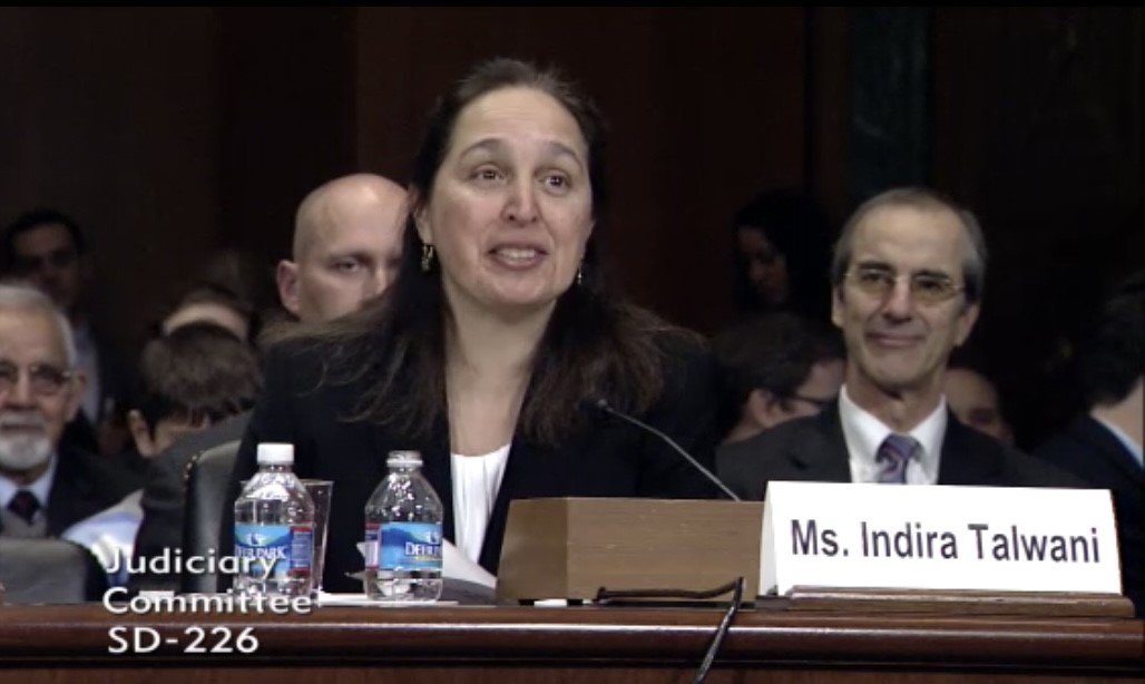 Indira Talwani speaking at a Senate Judiciary Committee hearing, with water bottles and audience members visible in the background.