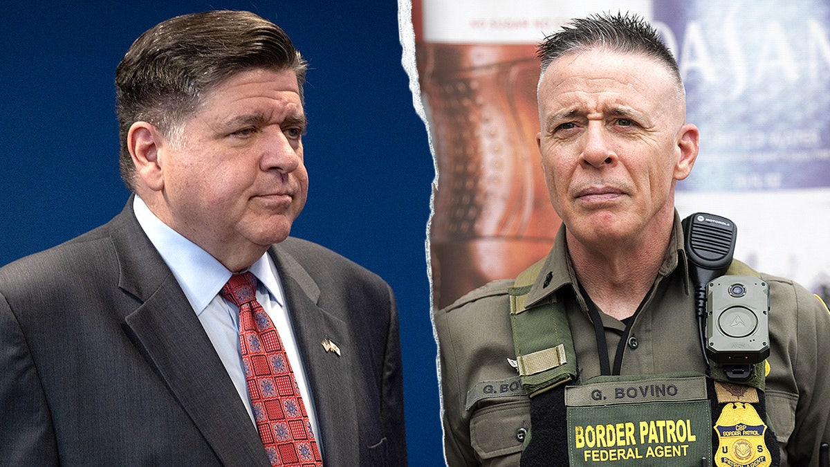 Split-screen image showing Illinois Gov. J.B. Pritzker on the left and Border Patrol Commander Greg Bovino on the right.