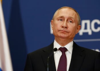 Russian president Vladimir Putin speaks at press conference during official visit to Serbia.