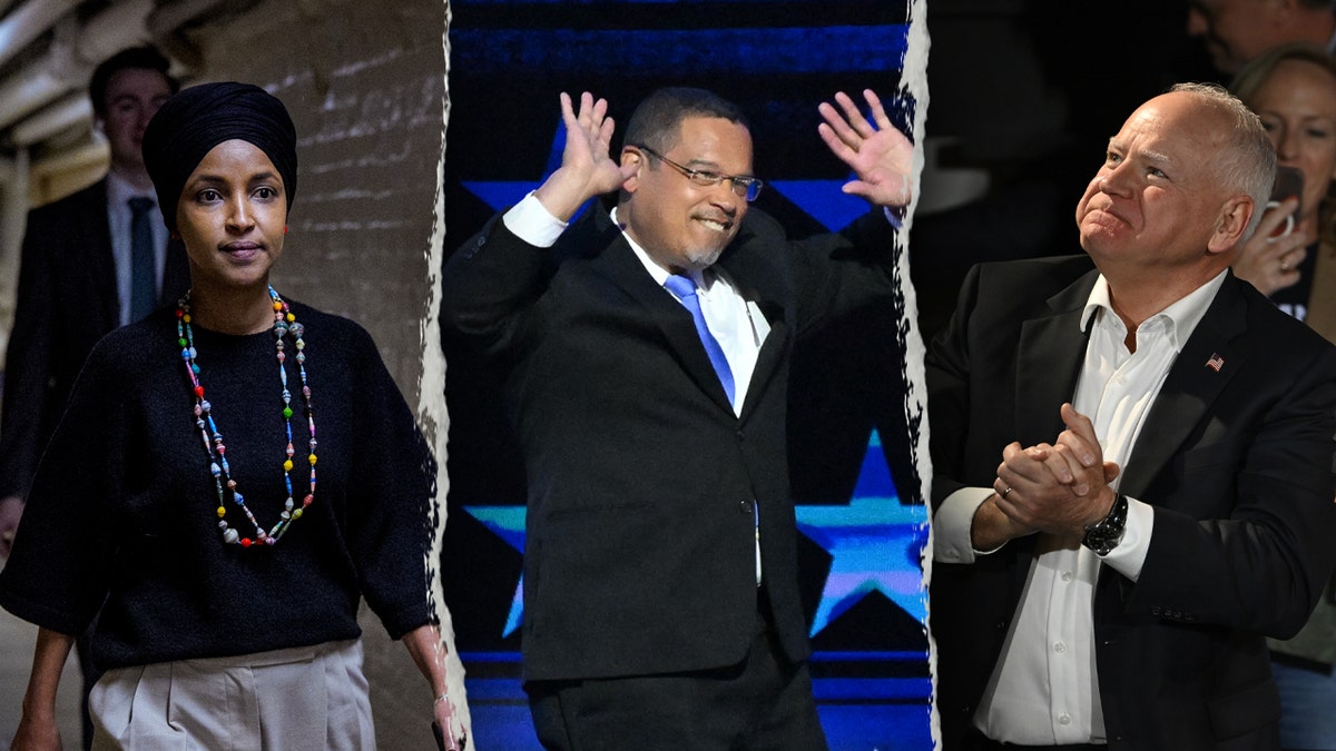 Split image of Ilhan Omar, Keith Ellison and Tim Walz