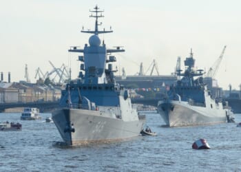 A group of Russian Navy ships at sail.
