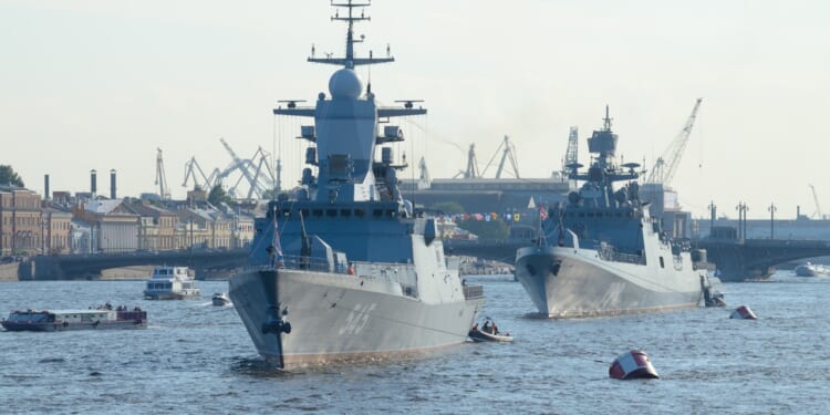 A group of Russian Navy ships at sail.