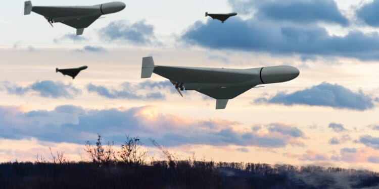A group of military combat drones Shaheed flying over a forest, smoke from military action in Ukraine, evening lighting.