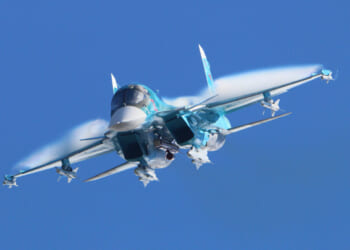 A Sukhoi Su-34 of the Russian Air Force performing a demonstration flight in Zhukovsky during the MAKS-2015 airshow.