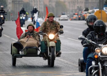 A Russian parade of military motorcycles.