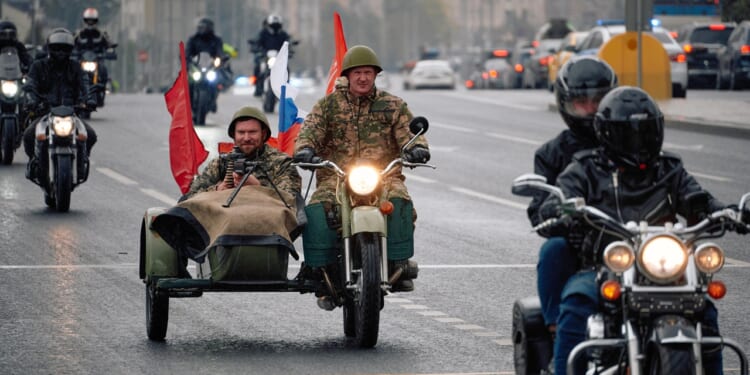 A Russian parade of military motorcycles.