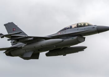 A Danish F-16 Fighting Falcon in flight.