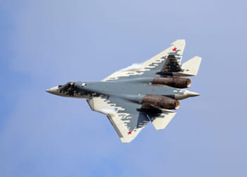 New fifth generation Russian figher SU-57 shows demonstration flight at MAKS 2019.