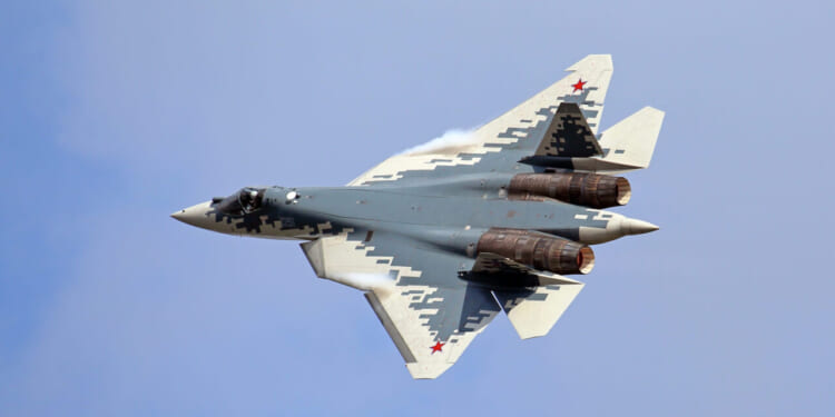 New fifth generation Russian figher SU-57 shows demonstration flight at MAKS 2019.