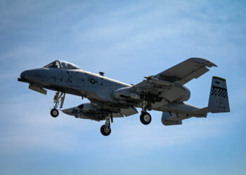 An A-10 Thunderbolt II “Warthog” from the 25th Fighter Squadron flies over an emergency landing site training event near Namji, Republic of Korea, March 13, 2024.