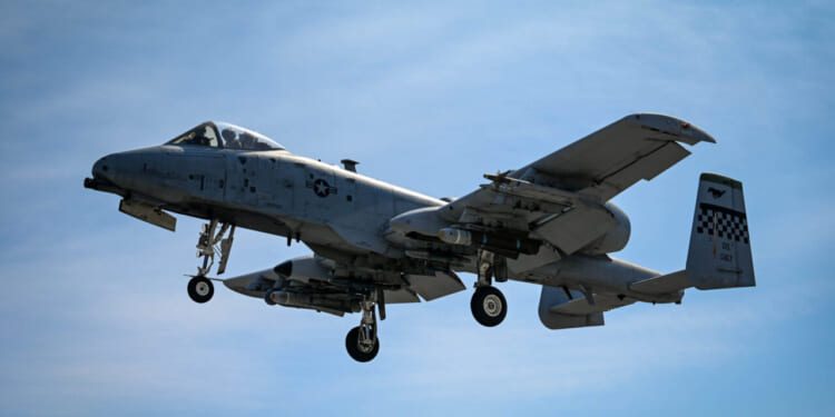 An A-10 Thunderbolt II “Warthog” from the 25th Fighter Squadron flies over an emergency landing site training event near Namji, Republic of Korea, March 13, 2024.