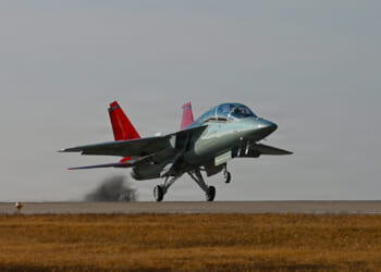 A T-7A Red Hawk makes its first landing on the flightline at Vance Air Force Base, Okla., Dec. 3, 2025.