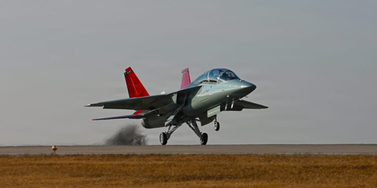 A T-7A Red Hawk makes its first landing on the flightline at Vance Air Force Base, Okla., Dec. 3, 2025.