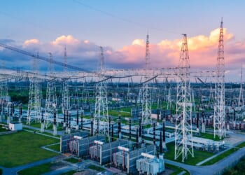 Aerial view of a high voltage substation. Power grid
