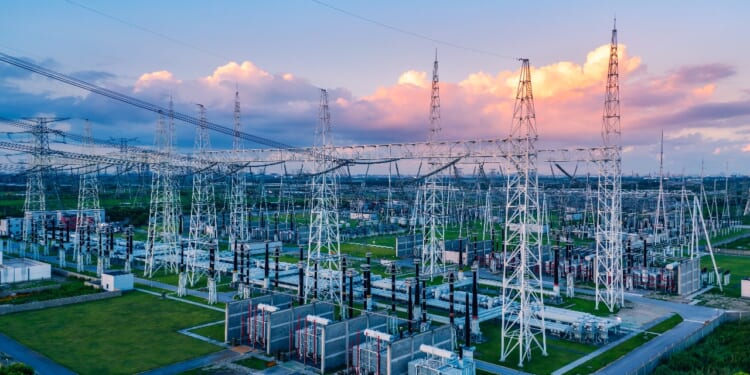 Aerial view of a high voltage substation. Power grid