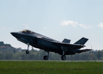 A U.S. Air Force F-35A Lightning II assigned to the 4th Expeditionary Fighter Squadron, deployed to Kadena Air Base, lands at Kadena Air Base, Japan, Oct. 7, 2025.