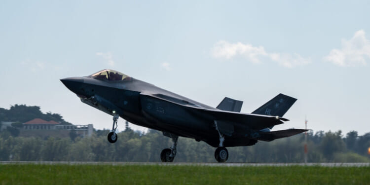 A U.S. Air Force F-35A Lightning II assigned to the 4th Expeditionary Fighter Squadron, deployed to Kadena Air Base, lands at Kadena Air Base, Japan, Oct. 7, 2025.