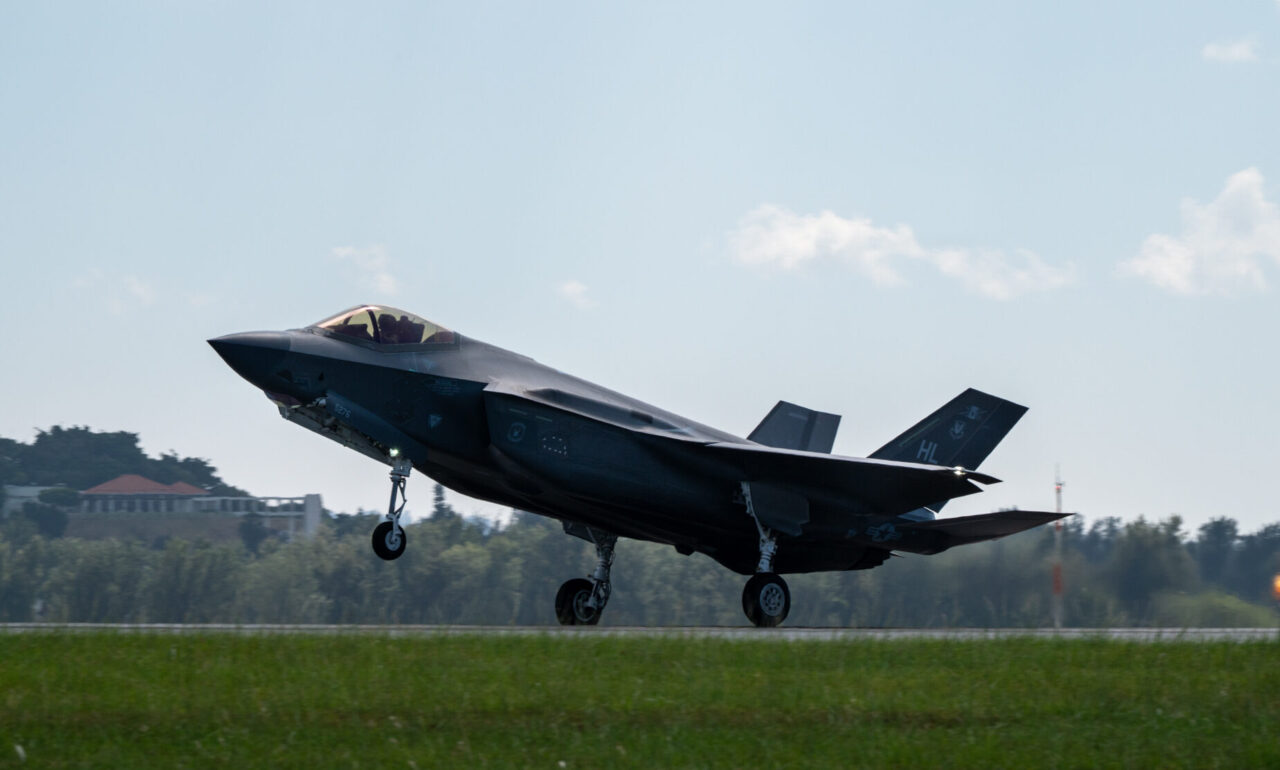 A U.S. Air Force F-35A Lightning II assigned to the 4th Expeditionary Fighter Squadron, deployed to Kadena Air Base, lands at Kadena Air Base, Japan, Oct. 7, 2025.