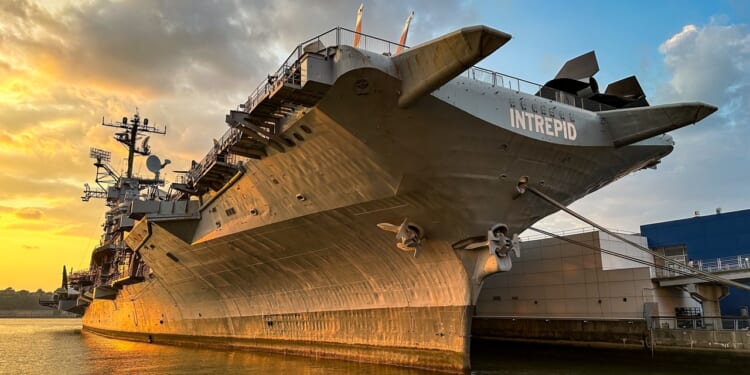 An underside view of the USS Intrepid.