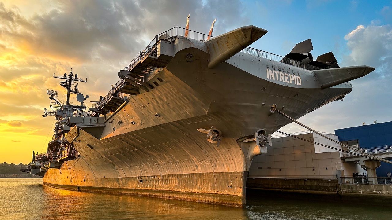 An underside view of the USS Intrepid.