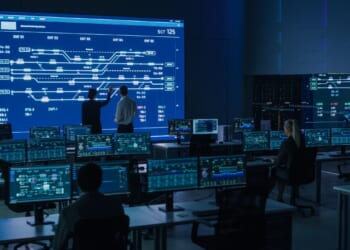 Project Manager and Computer Science Engineer Talking while Using Big Screen Display Showing Infrastructure Infographics and Data.Telecommunications Company System Control and Monitoring Room. Energy security leaders