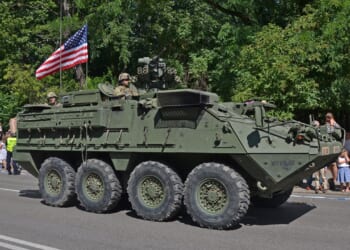 A Stryker armored vehicle in a parade.