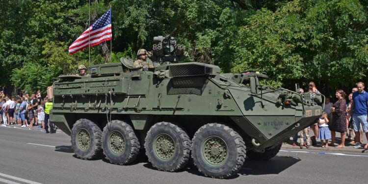A Stryker armored vehicle in a parade.