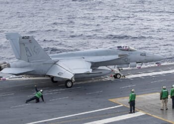 An F/A-18 Hornet on the deck of the USS Gerald Ford.