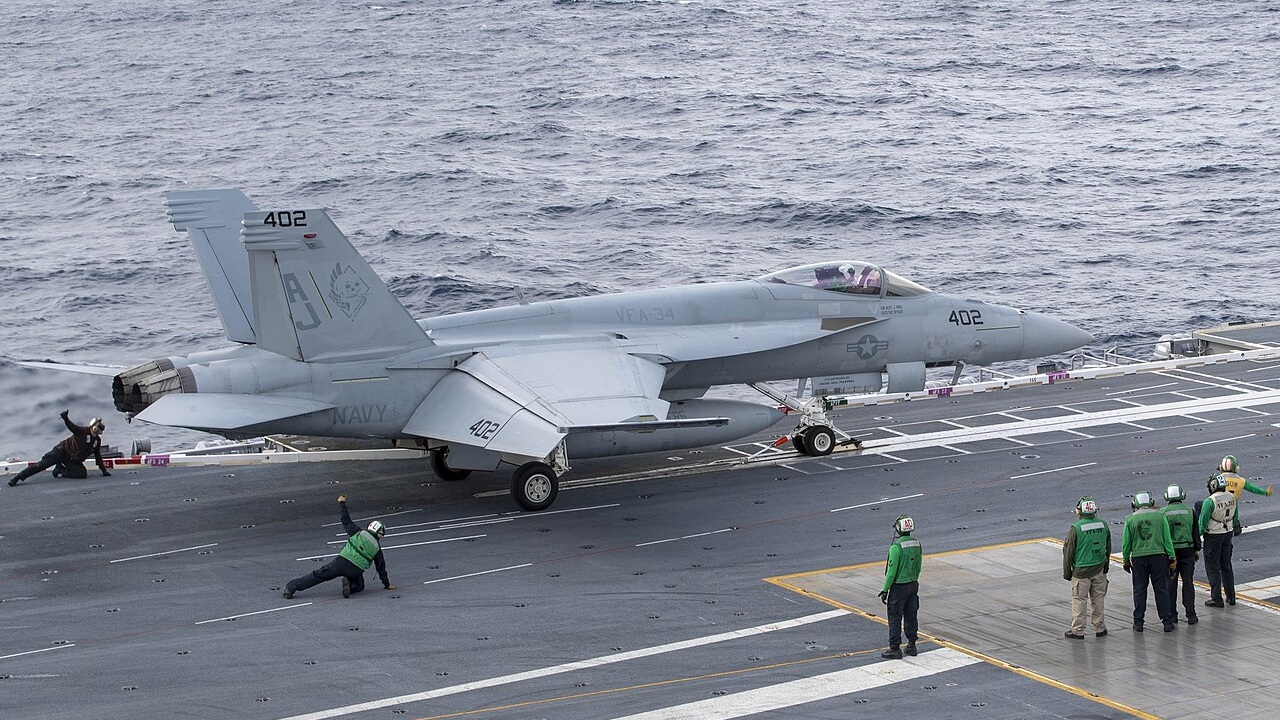 An F/A-18 Hornet on the deck of the USS Gerald Ford.