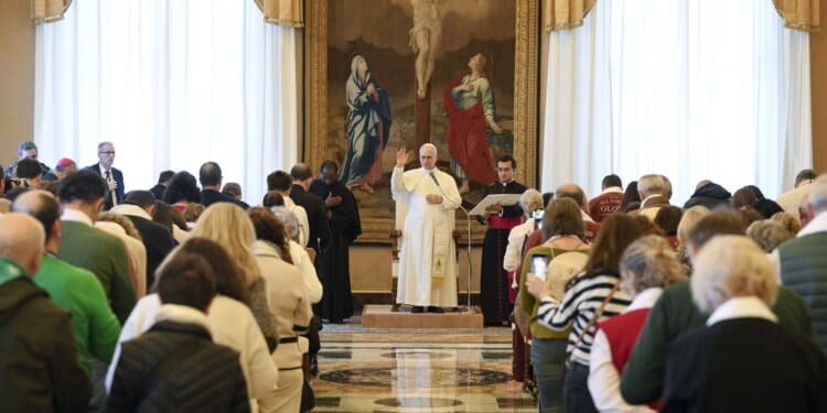 Pope Leo XIV meets with a group of pilgrims from St. Thomas of Villanova Parish in Alcalá de Henares, Spain, on Dec. 29, 2025, in the Apostolic Palace at the Vatican.