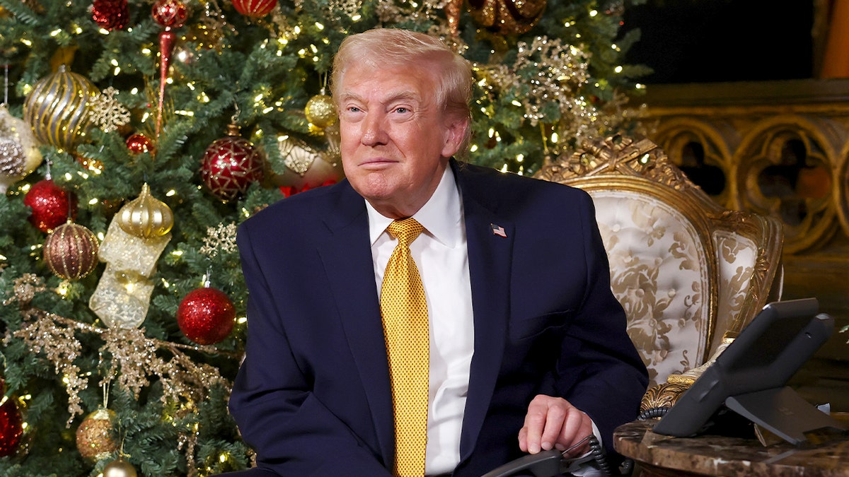 Trump sitting in front of a Christmas tree